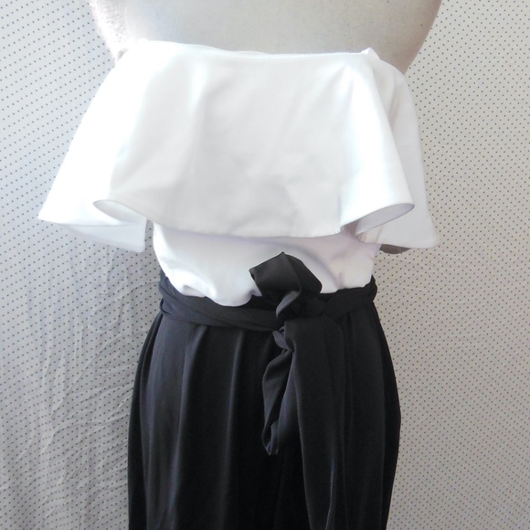 NEW LOVE BY THEIA Black & White STRAPLESS Tie Waist RUFFLE Cocktail JUMPSUIT 12 - Picture 5 of 16